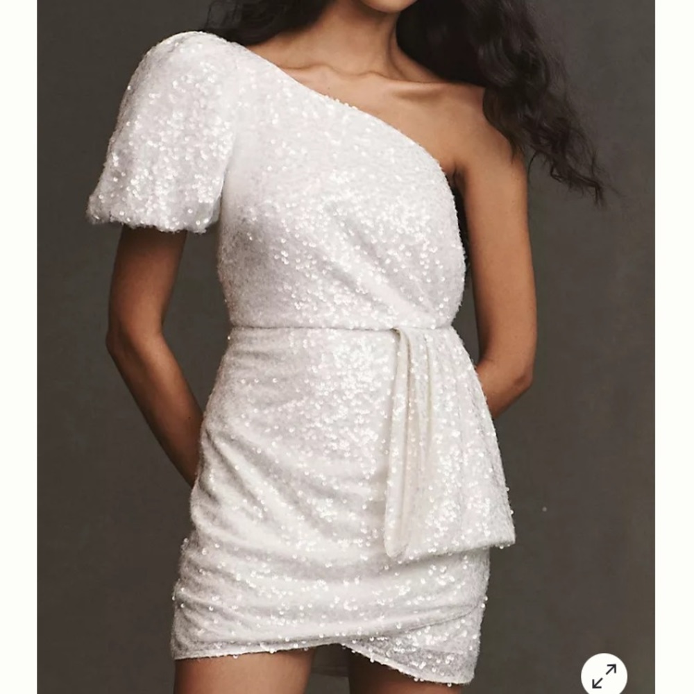 Sachin & Babi Dova Puffed One-Shoulder Sequin Bow Train Wrap Mini Dress